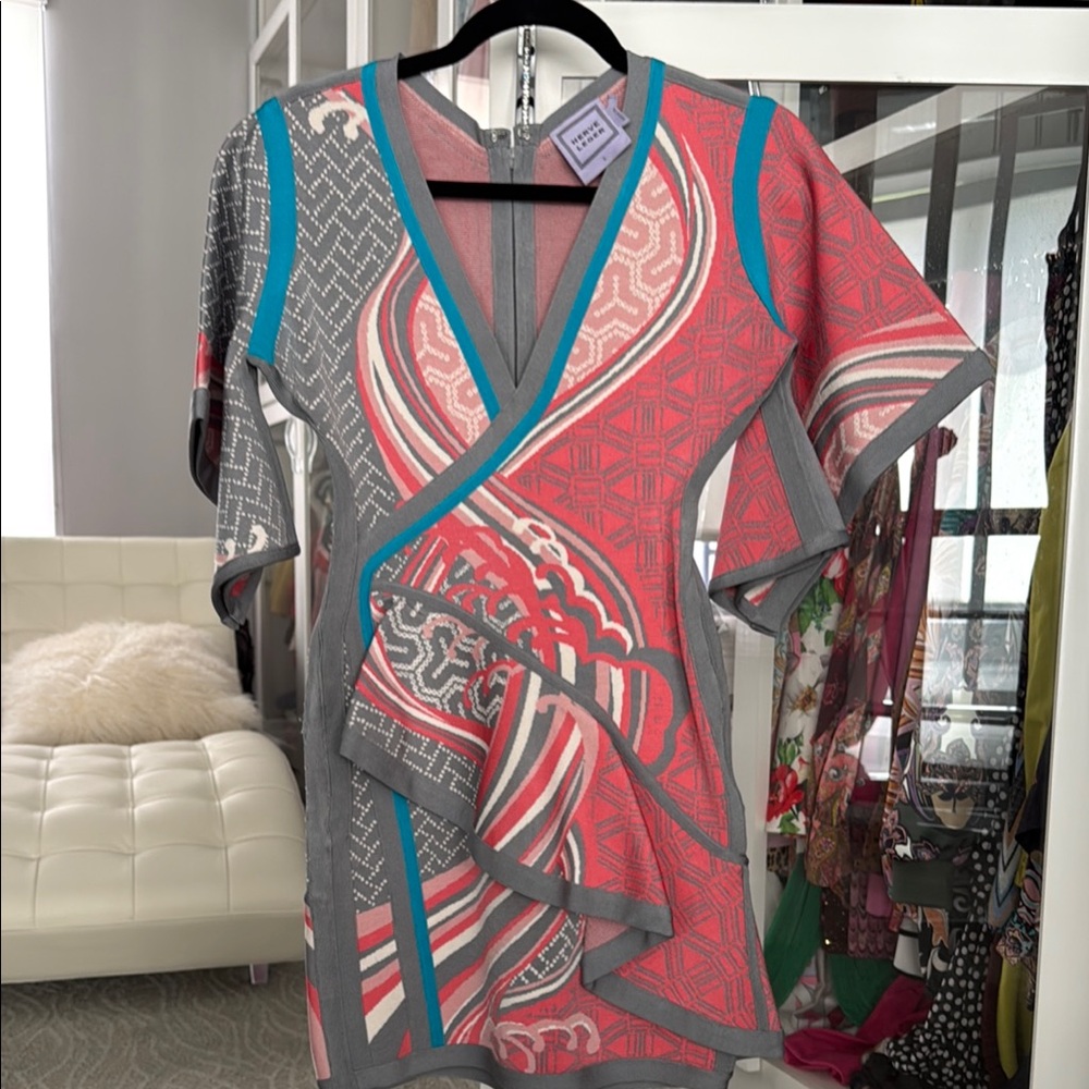 HERVE LEGER AUTHENTIC Women's Multicolor V-Neck MINI DRESS